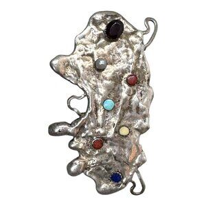 Vintage Amoeba Brustalist Artisan Silver Sculptural Pendant Turquoise Lapis +